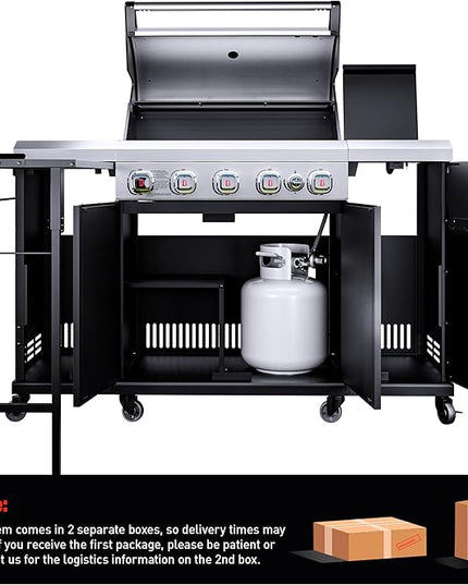 Brand-Man Propane Gas Grill Island Outdoor Kitchen & Storage Cabinets, 52000 BTUs Stainless Steel Burner Patio Cooking BBQ Grill with Side Burner - Natural Gas Convertible, Black (5 Burner)