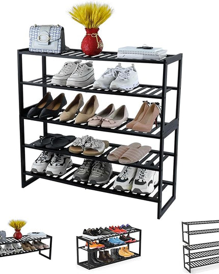 Shoe Rack Bamboo 5 Tier Shoe Organizer, Storage 20-25 Pairs for Closet Entryway, Stackable Large Tall Shoe Shelf Holder Stand Cubby for Door Hallway Bedroom Garage