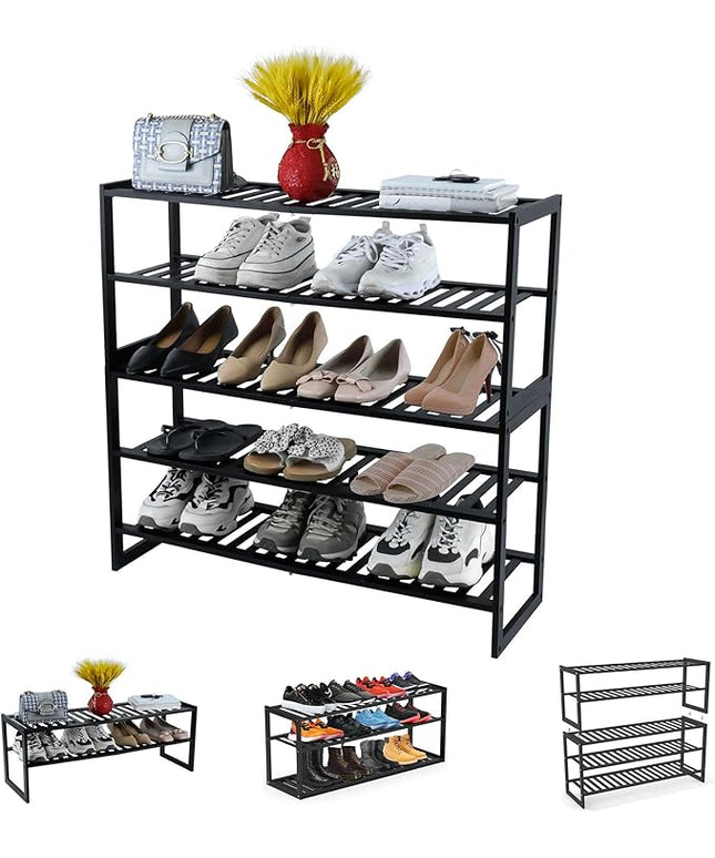 Shoe Rack Bamboo 5 Tier Shoe Organizer, Storage 20-25 Pairs for Closet Entryway, Stackable Large Tall Shoe Shelf Holder Stand Cubby for Door Hallway Bedroom Garage