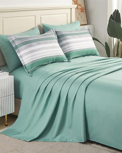 KAKIJUMN 7 Piece Bed in a Bag Stripe Comforter Set King Size, White Grey Sage Green Patchwork Striped Comforter and Sheet Set, All Season Soft Microfiber Complete Bedding Sets(Green,King)