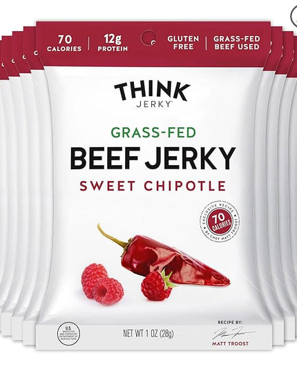 Think Jerky Sweet Chipotle Beef Jerky, Grass-Fed High Protein Beef, Gluten Free, No Antibiotics or Nitrates, Healthy Chef Crafted Recipe, Low Calorie and Low Fat - 1.0 oz Bags, 12 Pack