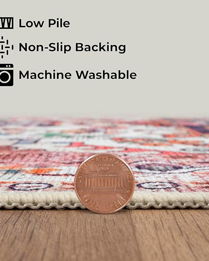 GLN Rugs Traditional Collection - Machine Washable Area Rug, Traditional Washable, Non Slip, Low Pile Chenille Rug, Living Room, Bedroom, Kitchen Rug (6'6"x9'6" Pink)