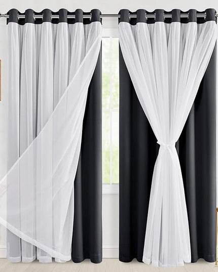 Hiasan Black Blackout Curtains with Sheer Overlay, Grommet Thermal Insulated Mix & Match Double Layer Window Curtains for Bedroom, Living Room, 2 Drape Panels Sewn with Tiebacks, 70W X 84L