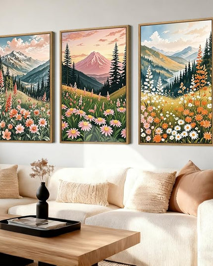 ANHUIB Extra Large Wildflower Wall Art Boho Wildflower Wall Decor 24x36 Inch Colorful Mountain Wall Art Set of 3 for Living Room Bedroom Dining Room