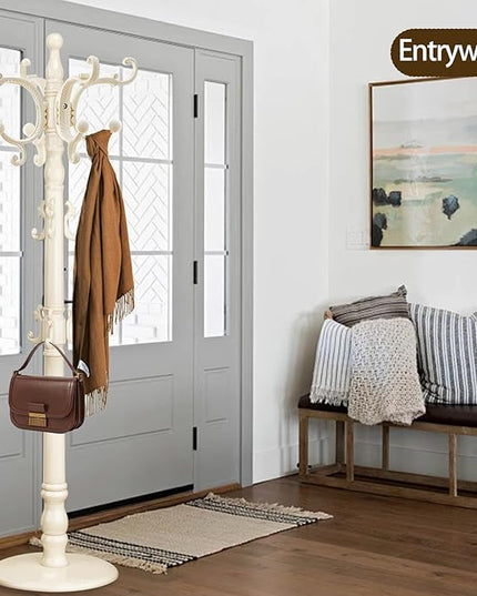 Coat Rack Freestanding, Wooden Coat Tree with Stable Round Base, Vintage Heavy Duty Coat Rack Stand with 14 Hooks, Coat Hanger Stand for Bedroom, Office, Entryway (Ivory)