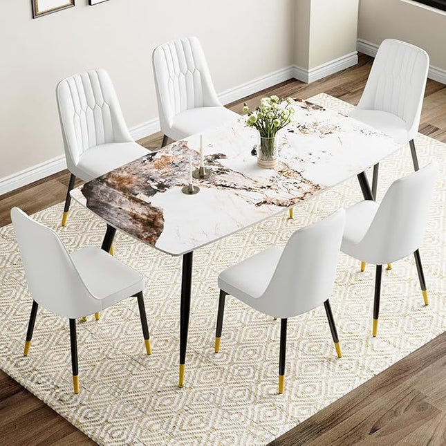 Modern Dining Set for 6, Sintered Stone Table Top, White Chairs, 62'' W x Unknown H x D, Dining Room