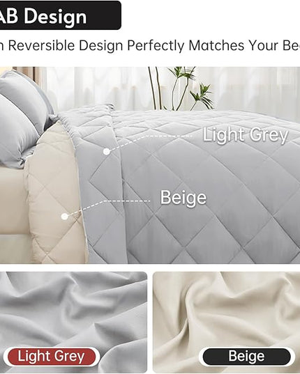 MUXHOMO 5 Pieces Twin XL Comforter Set, Reversible Bed in a Bag Twin XL Size, All Season Bedding Set with Comforter, Flat Sheet, Fitted Sheet, Pillowcases & Shams, Light Grey & Beige