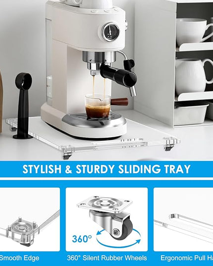 360° Rolling Sliding Tray for Coffee Maker & Kitchen Appliances, 9.8" x 14" Acrylic Appliance Sliders with Silent Rubber Wheels, Coffee Maker Slider Tray for Countertop Moving