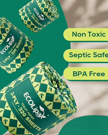ECOLipak Bamboo Toilet Paper 3 Ply, Septic Safe Toilet Tissue, 12 Double Rolls, 320 Sheets Per Roll, Tree Free, Non Toxic, Soft and Absorbent, Eco Friendly Dye-Free Paper, Brown