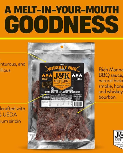 J&K Whiskey BBQ Beef Jerky - Small Batch American Made, Slab Beef Jerky Spicy and Savory Snack with a Kick - Bold & Flavorful Snack! - 7oz Big Bag