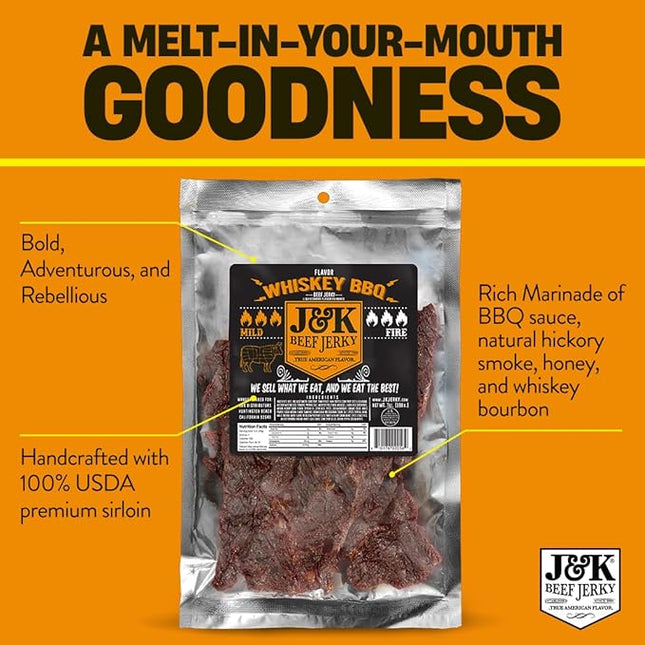 J&K Whiskey BBQ Beef Jerky - Small Batch American Made, Slab Beef Jerky Spicy and Savory Snack with a Kick - Bold & Flavorful Snack! - 7oz Big Bag
