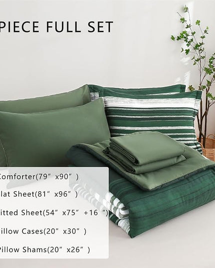 KAKIJUMN 7 Piece Bed in a Bag Stripe Comforter Set Full Size, White Grey Green Patchwork Striped Comforter and Sheet Set, All Season Soft Microfiber Complete Bedding Sets(Dark Green,Full)
