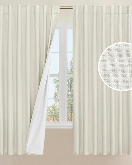 LAMIT Natural 100% Blackout Linen Curtains, 63 Inches Linen Textured Thermal Bedroom Curtains Back Tab and Rod Pocket Neutral Panels with White Liner for Farmhouse, 2 Panels, 60 x 63 Inch, Ivory