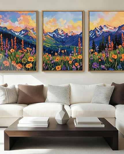 ANHUIB Colorful Wildflower Wall Art Boho Mountain Wall Decor Nature Floral Art Print 16x24 Inch Set of 3 for Living Room Bedroom Dining Room