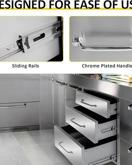 Outdoor Kitchen Drawers 14" W x 21" H x 23" D Flush Mount Triple BBQ Drawers with Chrome Handle Stainless Steel Drawer for Outdoor Kitchen Island, Patio Grill Station