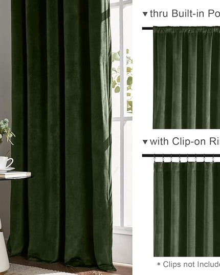Lazzzy Velvet Blackout Curtains Thermal Insulated Room Window Drapes Super Soft Luxury Curtains for Living Room Bedroom Rod Pocket 2 Panels, Moss, 42" W x 84" L
