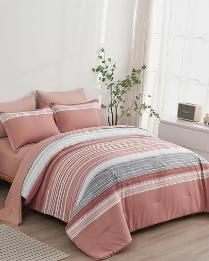 KAKIJUMN 7 Piece Bed in a Bag Stripe Comforter Set Full Size, White Grey Blush Pink Patchwork Striped Comforter and Sheet Set, All Season Soft Microfiber Complete Bedding Sets(Pink,Full)