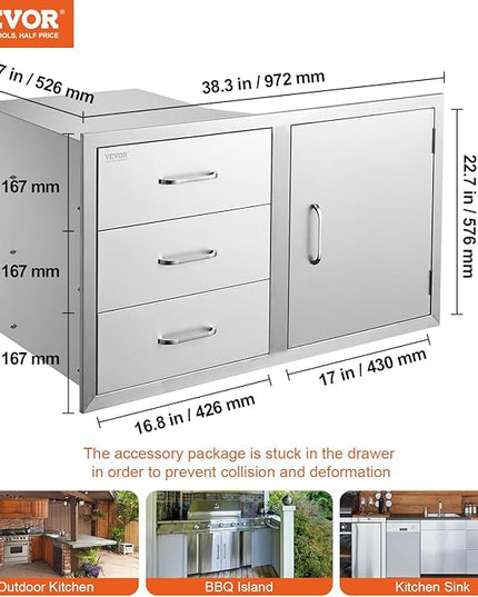 VEVOR BBQ Island Drawers 38.1W x 22.6H x 20.8D, Outdoor Kitchen Door Drawer Combo Cabinets, BBQ Access Door/Triple Drawers Combo, Stainless Steel Handles, Perfect for BBQ Island Patio Grill Station