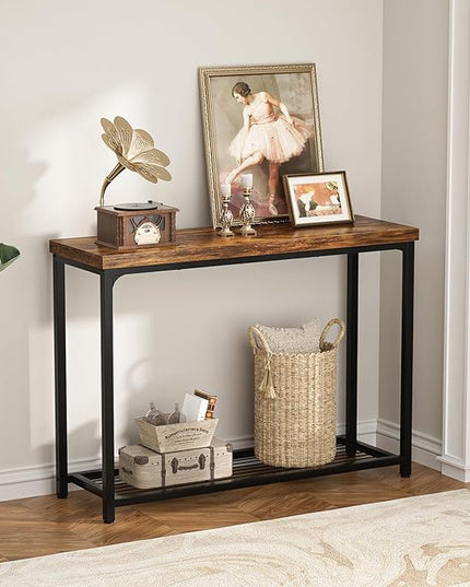 32" Small Console Table, 2-Tier Narrow Entryway Table, Sofa Table with Mesh Shelves, Console Tables for Living Room, Hallway, Entryway, Farmhouse Console Table with Storage, Rustic Brown