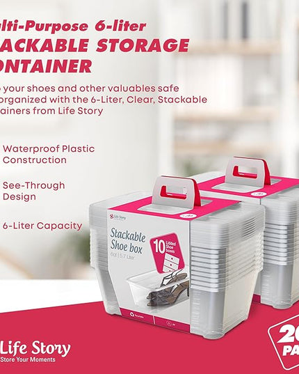 Life Story 10-Pack Plastic Storage Box, Stackable Shoe Organizer Tote Containers, 6 Liter - Clear Bins and Boxes with Lids for Bedroom, Closet, Cabinet, and Garage Organization