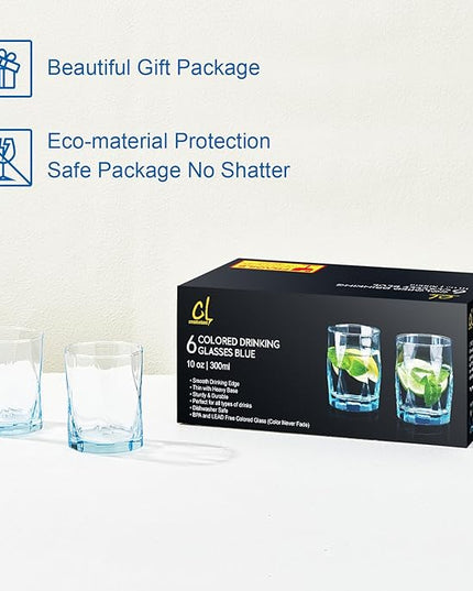 CREATIVELAND Geometric Shapes Glass Drinking Glasses Set of 6, Solid Blue Color 10 OZ Glass Tumbler Glassware for Water, Juice, Different Options for Home, Restaurant, Hotel, Bar