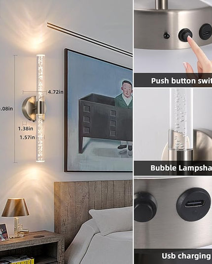 Modern LED Battery Operated Wall Sconces Set of Two, Dimmable Bathroom Crystal Wall Sconce, USB Rechargeable Brushed Nickel Vanity Wall Lamp, Bubble Wall Lights For Bedroom, Living Room. 20-Inch