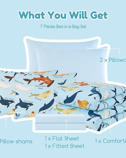 Full Size Comforter Set for Boys-7 Pieces Ocean Animals Glow in The Dark Full Bedding Sets for Kids, Ultra Soft Bed in A Bag with Sheets