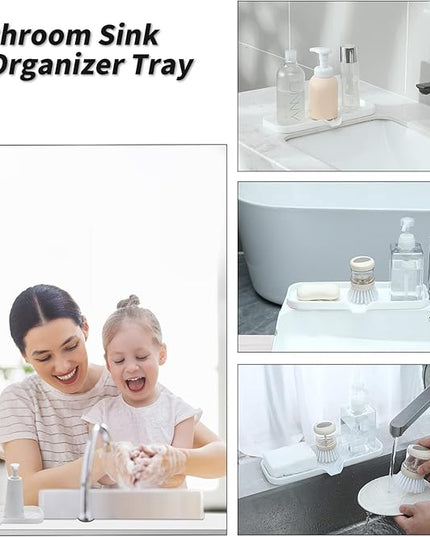 Silicone Bathroom Soap Dishes with Drain Spout-Bathroom and Kitchen Sink Organizer,Sponge Holder,Dish Soap Tray,Perfect for Dispenser,Scrubber,Bottle,Cup on Sink or Counter-White 12"×4"