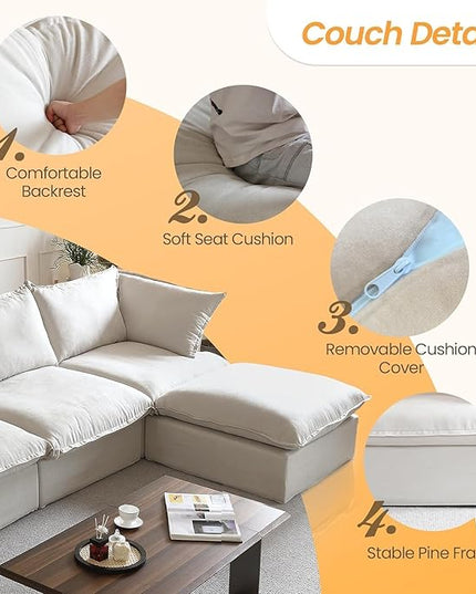 JACH U-Shaped Couches for Living Room, Convertible Sectional Sofa, 162" Modern Deep Seat Soft Cloud Couch, Modular Sectional Sofas with Ottomans, Sofa Cover Removable(Beige)