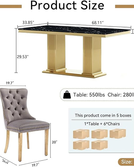 HomVent 68.11'' Faux Marble Dining Table Set for 6, Modern Rectangle Kitchen Table Set with Faux Marble Table Top & Stainless Steel Base for Kitchen Dining Room