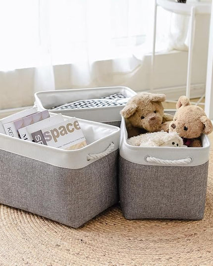 TheWarmHome Organization and Storage Basket for Organizing - 3 Pack 16x12x12 inch Cube Storage Bin Fabric Storage Cubes for Organizer Cloth Gift Toy Closet (White & Grey)