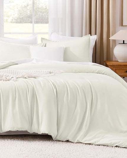 Litanika Comforters Ivory Oversized Queen Size, 3 Pieces Lightweight Solid Bedding Comforter Set, All Season Fluffy Bed Set (98x98In Comforter & 2 Pillowcases)