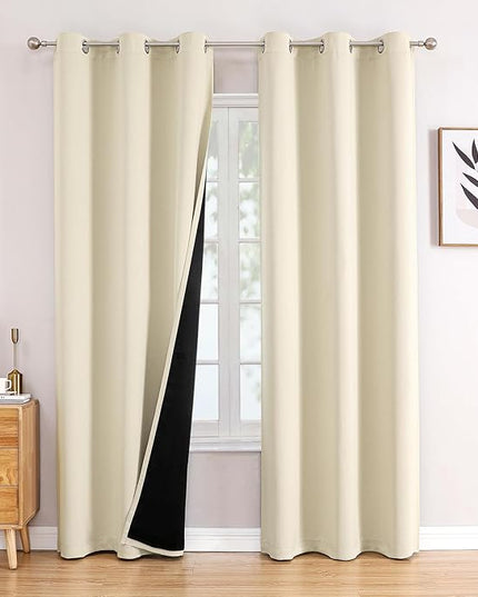 ChrisDowa 100% Blackout Curtains 78 inch Long for Bedroom with Black Liner, 2 Thick Layers Total Blackout Thermal Insulated Grommet Window Curtains 2 Panels Set (Light Beige, 42 x 78 Inch)