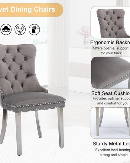 5 Piece Dining Table Set, Modern Glass Dining Table Set for 4, 70" Luxury Glass Table w/Silver Stainless Steel Base & 4 Grey Tufted Chairs, Kitchen Dining Room Sets for 4 for Breakfast Dinner Dinette