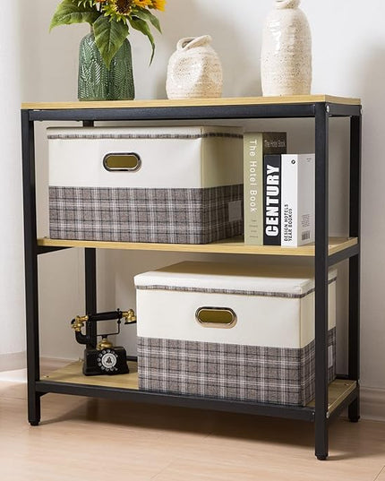 PRANDOM Large Collapsible Storage Bins with Lids [3-Pack] Fabric Foldable Storage Boxes Organizer Containers Baskets Cube with Cover for Home Bedroom Closet Office Gray plaid & Cream(17.7x11.8x11.8)