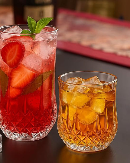 Ruckae Drinking Glasses Set of 8,11 oz and 7 oz Kitchen Water Glass Cups Set,Clear Curvature Glassware Dishwasher Safe,Mixed Drinkware for Beer,Juice,Cocktail,Whiskey,Milk and Various Mixed Drinks