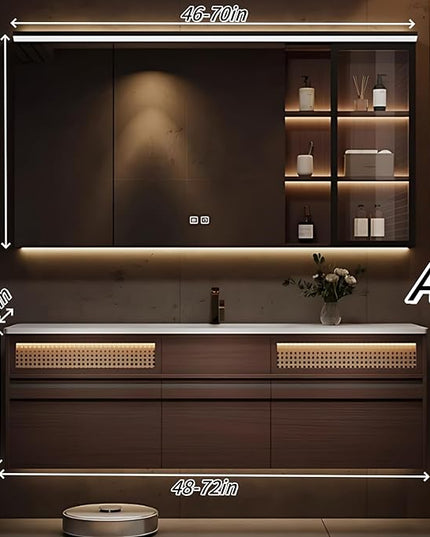 54IN Bathroom Vanity with Sink, including Motion Activated Lighting & LED Lights, One Touch Defogging Mirror | Floating Bathroom Cabinet Vanity, Equipped with Glass Side Cabinet, Brown (Style A)