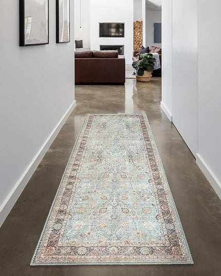 GLN Rugs Traditional Collection - Machine Washable Area Rug, Traditional Washable, Non Slip, Low Pile Chenille Rug, Living Room, Bedroom, Kitchen Rug (2'6"x7' Blue Floral)