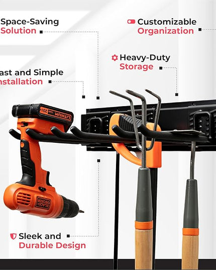 TIDYME Garage Tool Organizer Wall Mount - 64 inches - Sturdy Storage Rack with Adjustable Hooks, Anti-Rust - Easy Installation, 400lbs Capacity - Garden Tool Organizer (04 Racks & 08 Hooks)
