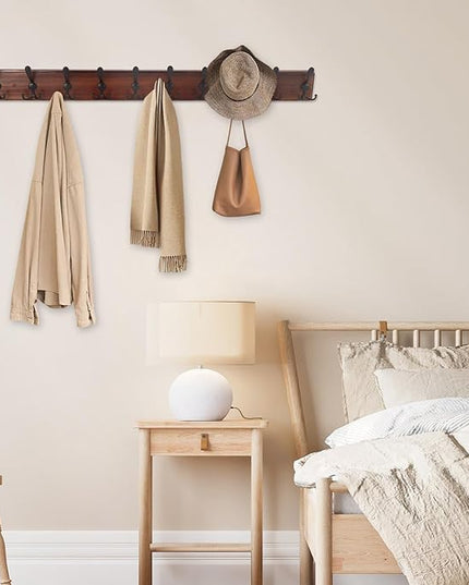38.6'' Large Coat Rack Wall Mount Coat Hooks Coat Hanger with 10 Metal Black Triple- Hooks Brown Pine Real Wood Plank Hat Rack for Wall Hooks for Hanging Coat Hat Jacket