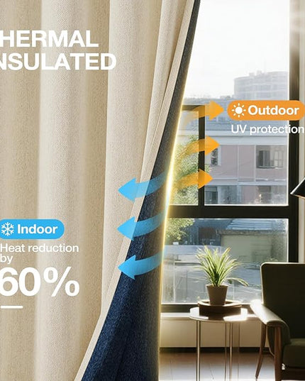 Blackout Curtains for Bedroom, Thermal Insulated Curtains 63 Inch Length Curtain 2 Panels, Soft Farmhouse Linen-Look Textured Full Light Blocking Room Darkening Drapes, W52xL63, Cream