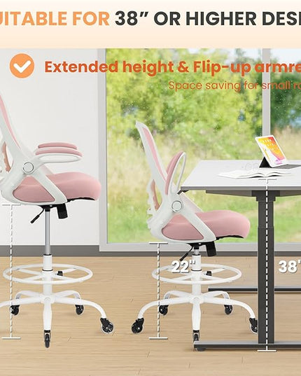 HYLONE Drafting Chair Tall Office, Ergonomic Standing Desk Stool Adjustable Drafting Chair Big Tall Drafting Office Chair Pink