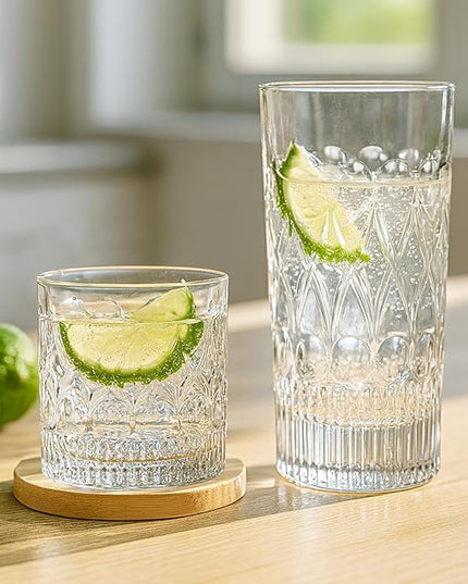 YULEER Drinking Glasses Set of 8, Glassware Drink Set, 4pcs 12oz Highballs and 4pcs 10oz Whiskey Glasses, Crystal Glass Cups Dishwasher Safe for Juice, Cocktail, Beer, and other Beverages