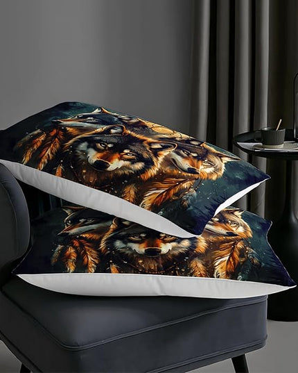 AILONEN Wild Wolf Print Twin Size Comforter Set,Boho Dream Catcher Bedding Sets,Cool Wildlife Animal Duvet Set,3-Piece, 1 Quilt and 2 Pillowcases,Soft Microfiber