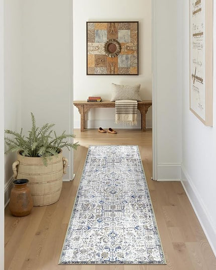 jinchan Kalen Runner Rug 2x6 Washable Hallway Rug Vintage Runner Indoor Floor Cover Thin Retro Distressed Floral Country Non Slip Carpet for Entryway Bathroom Kitchen Bedroom Living Room Blue