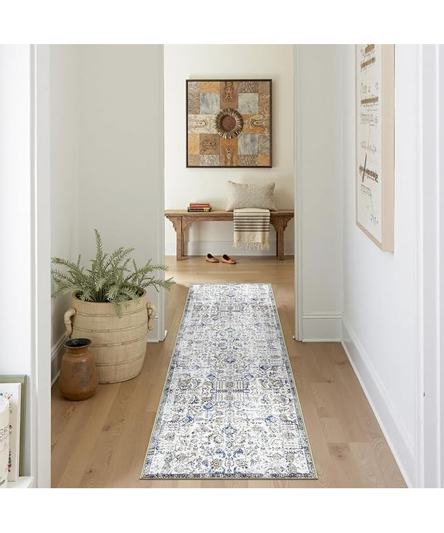jinchan Kalen Runner Rug 2x6 Washable Hallway Rug Vintage Runner Indoor Floor Cover Thin Retro Distressed Floral Country Non Slip Carpet for Entryway Bathroom Kitchen Bedroom Living Room Blue