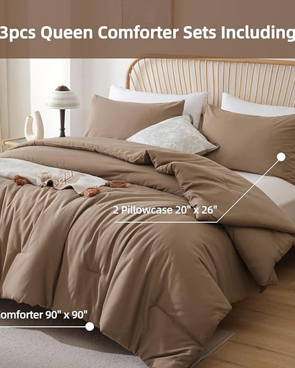 ROSGONIA Queen Comforter Set Dark Khaki Brown, 3pcs Bedding Comforter Sets(1 Comforter & 2 Pillowcases) All Season Lightweight Bedspread Blanket Quilt