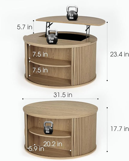 Round Coffee Table with Storage, 31.5" Drum Coffee Table with Lifting Top, Small Fluted Accent Center Table for Living Room, Oak