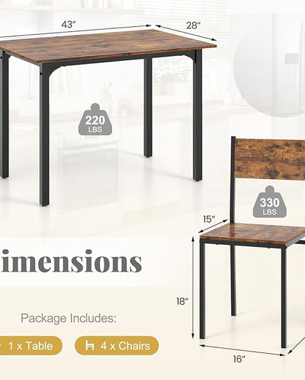 Giantex Dining Table Set for 4, 5-Piece Kitchen Table Set with Dinner Table, Dining Chairs, Metal Frame, Space-Saving Dinette Set for Living Room Restaurant, Breakfast Nook Table Set, Rustic Brown