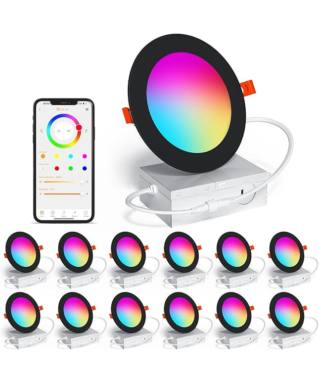 Smart Recessed Lighting 4 Inch RGBCW Color Changing 12W LED Downlight with Junction Box,1000 Lumen Recessed Ceiling Light Compatible with Alexa,Dimmable by Bluetooth Control -12Pack